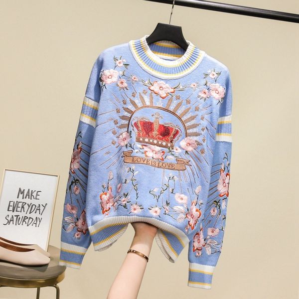 

tees 2021 new french style autumn and winter retro heavy industry plum blossom crown embroidery striped loose knit sweater women, White