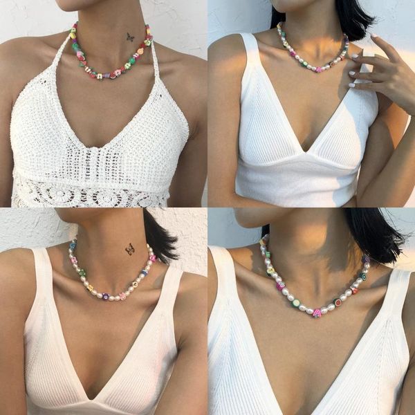 

chokers fashion hip hop candy color pearl fruit flower beaded charm necklace clavicle choker for women jewelry accessories gift, Golden;silver