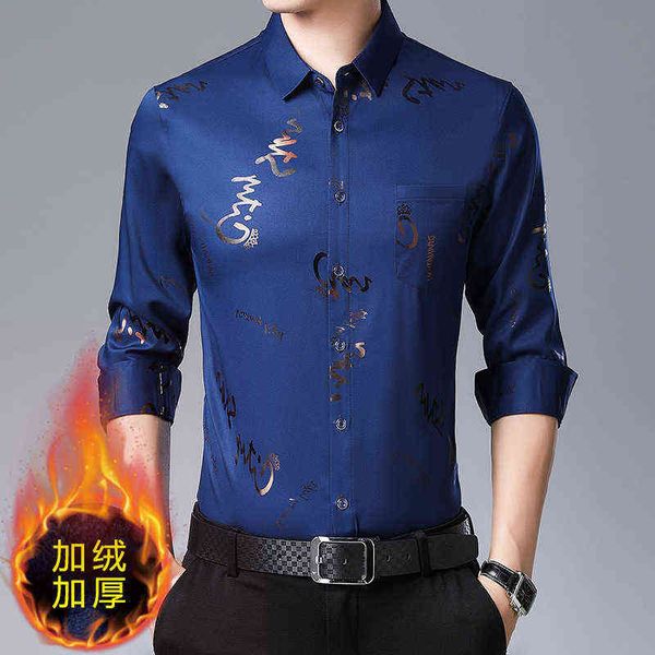 

2021 winter plush long sleeve shirt men's middle-aged thickened warm printed loose shirt, White;black
