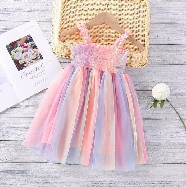 

summer children girls creative rainbow color mesh slip princess dresses sundress for travel vacation party girl's, Red;yellow