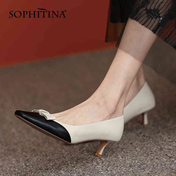 

sophitina comfortable women's shoes color matching low-heel retro square toe tpr shoes sheepskin handmade bow female pumps ao270 210513, Black