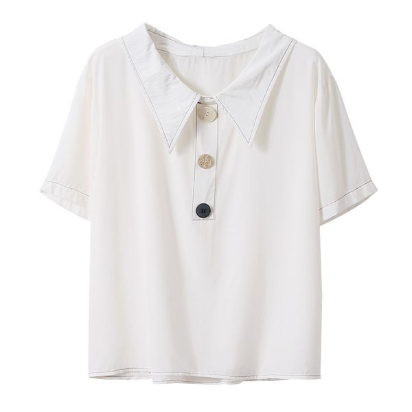 

white yellow turn down collar short sleeve shirt chiffon solid summer women button b0634 210514