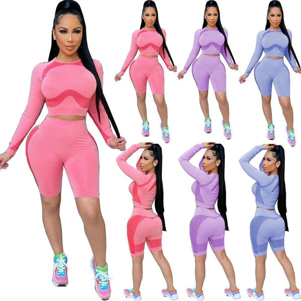 

women tracksuits two piece seamless yoga set sport suit gymwear workout clothes full sleeve crop high waist biker short fitness outfit, Gray