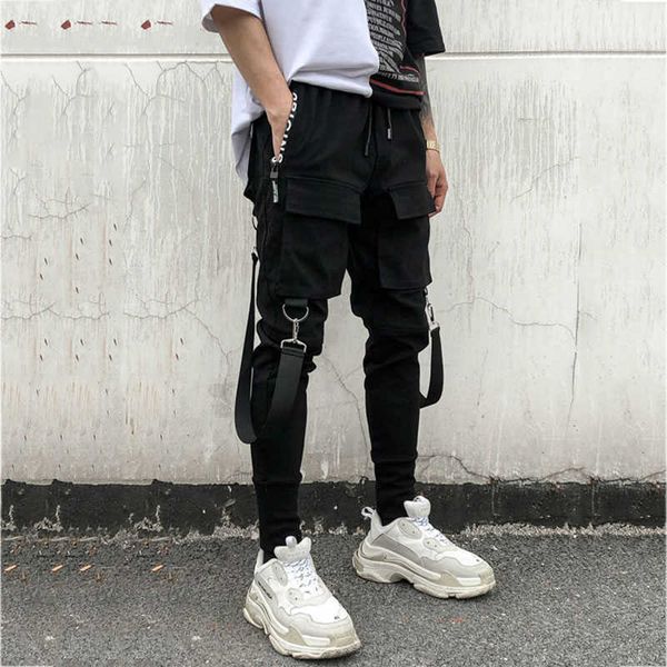 

hip hop loose street dance pants ribbon zipper harajuku black cargo women hop high waist 210531, Black;white