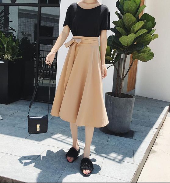 

skirts 2021 autumn winter women skirt solid color big pendulum a-line umbrella bow elegant high waist, Black