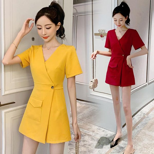 

women's jumpsuits & rompers 2021 women korean elegant solid button jumpsuit summer style and versatile v-neck horn sleeve bodysuit t153, Black;white