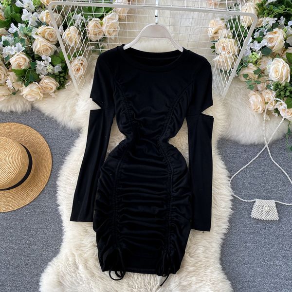 

drawstring ruched mini dress women round neck hollow out long sleeve tie tassels casual party bodycon dress autumn clothing 2022, Black;gray