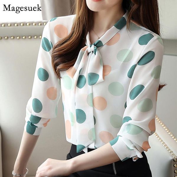 

women's blouses & shirts spring long sleeve women blouse shirt polka dot bow loose femme office ladies casual chiffon 7187, White