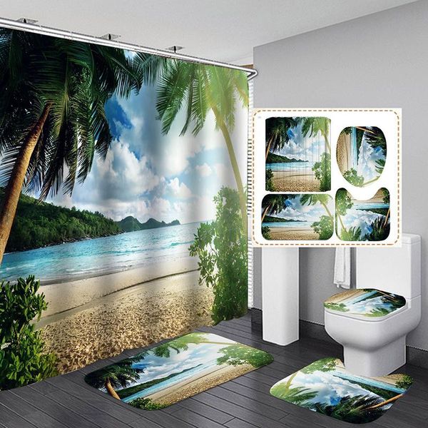 

shower curtains blue sea landscape beach coconut tree curtain bath waterproof