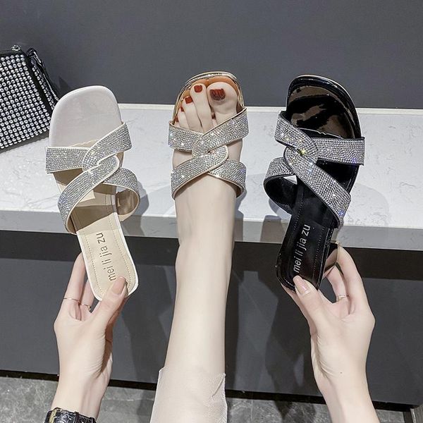 

sandals summer women elegant fashion corss strap shiny crystal decoration modern shoes ladies dress party square heel, Black