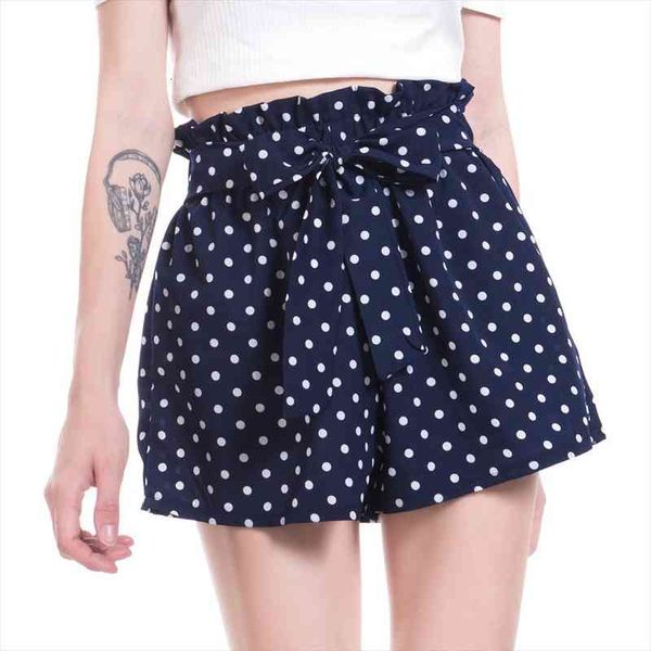 

belted ruffle waist printed dots boho shorts women navy high waist loose bottom shorts summer beach casual, White;black