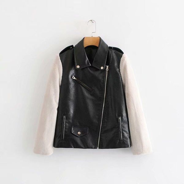 

women's leather & faux fashion splicing maomao pu loose jacket w3009, Black