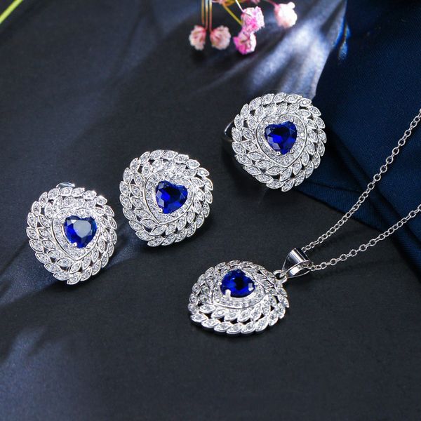 

fashion heart-shaped micro zircon full diamond earrings necklace ring three piece set multi-color options, Black