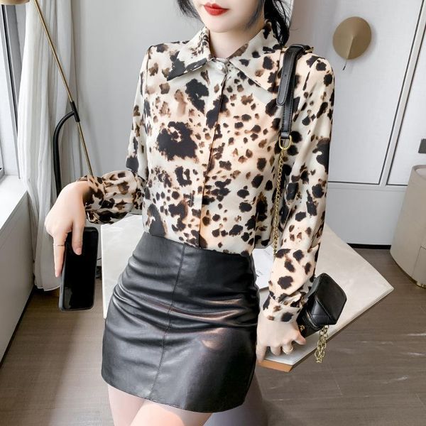 

women's blouses & shirts design of retro shirt in spring 2021 leopard pattern fashion loose long sleeve chiffon, White