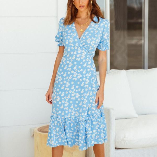 

casual dresses women' summer printed v neck high waist dress 2021 retro sweet holiday chiffon ladies short sleeve split floral, Black;gray
