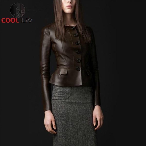 

women's leather & faux spring sheepskin genuine women jacket coat black brown clothing female ol slim button ruffles short