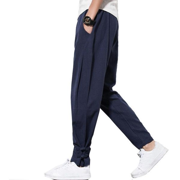 

autumn harem pants men 100% pure linen drawstring flax trousers hip hop loose vintage long casual joggers men's, Black