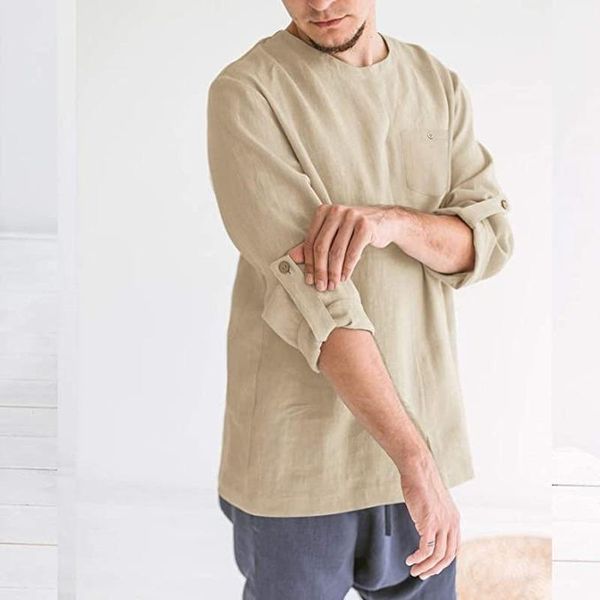 

men's casual shirts 2021 summer autumn -selling long-sleeved round neck cotton and linen loose shirt plus size camisas para hombre, White;black