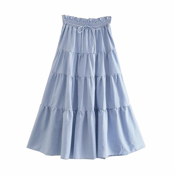 

women vintage cotton blue plaid pleats casual a line skirt faldas mujer female elastic waist lace up chic vestido 210531, Black