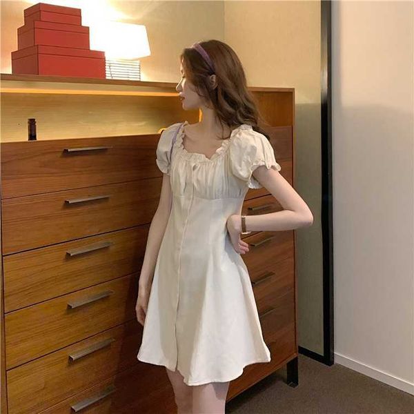 

2021 korean french square neck waist slim dr's temperament straight shoulder a-line short skirt, Black;gray