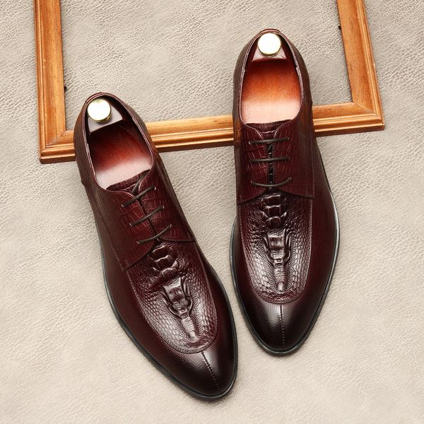 

brogue men wedding dress shoes fashion Genuine Leather Round head Lace up Business shoes formal Black wine red color Party shoe