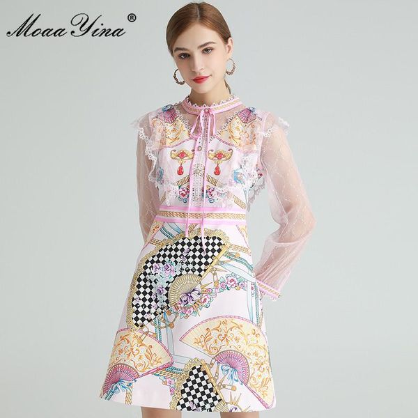 

casual dresses moaayina fashion designer dress spring women's mesh long sleeve lace ruffles floral print elegant, Black;gray