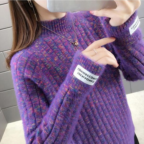 

turtleneck women pullover winter sweaters imitation mink velvet knitted loose ladies jumper primer shirt, White;black