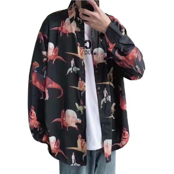

men long sleeve shirt cartoon dinosaurs printing with sleeves satins texture loose-fitting street youth men's casual shirts, White;black