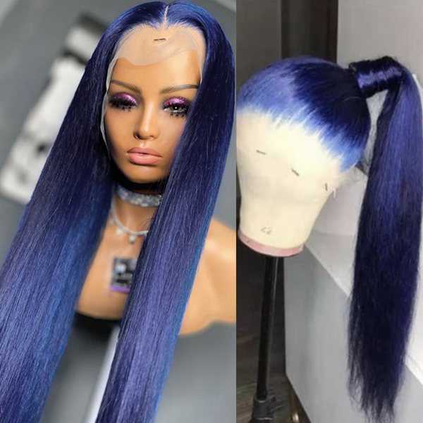 

blue 24 long synthetic lace front wig with middle part dark blue color natural headline heat resistant hair wigs for women, Black