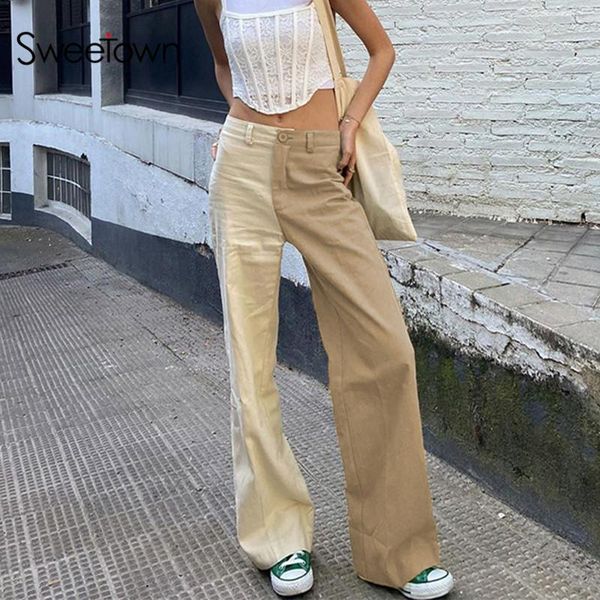 

women's jeans sweetown khaki contrast patchwork baggy wide leg y2k fashion vintage denim trousers women high waist casual straight pant, Blue