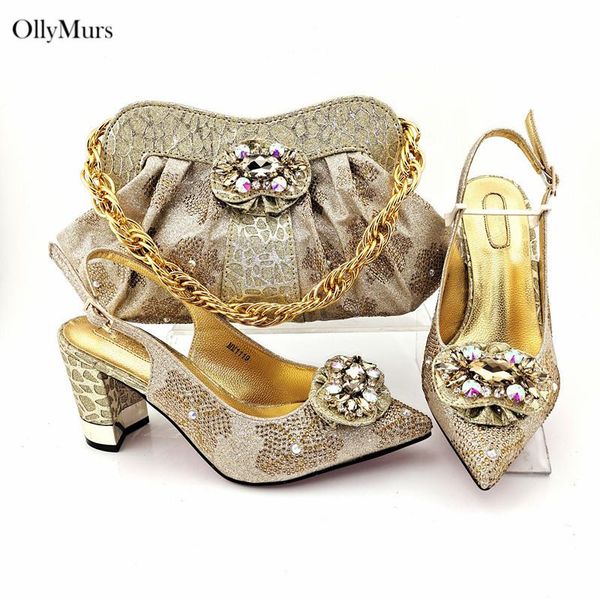 

selling luxury rhinestone woman gold color shoes and bag set nigerian elegant high heels for party dress, Black