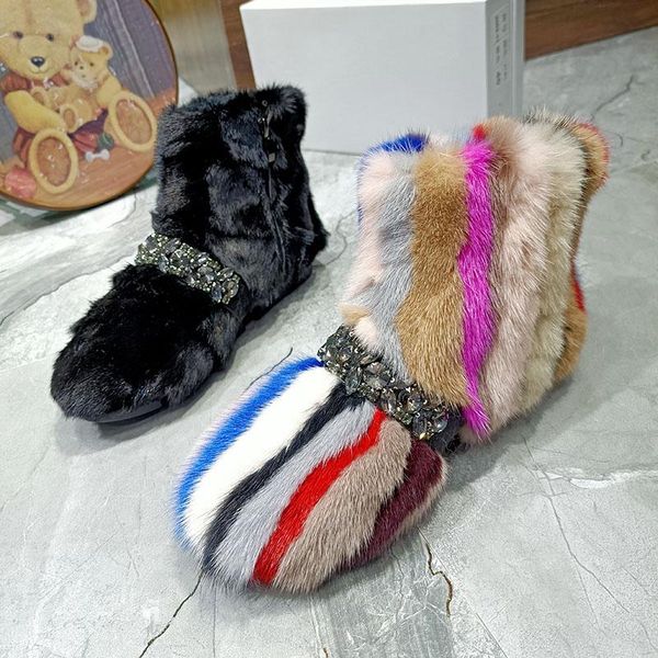 

boots randomly colorful striped women short snow crystal strap decor flat ankle botas femmes grey platform botines mujer 2021, Black