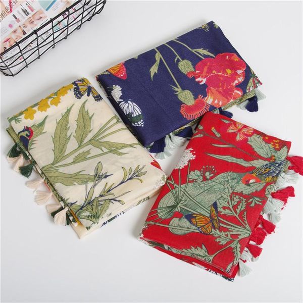 

scarves autumn 2021 twill cotton floral scarf magpie print long tassel air conditioning sun protection reversible female shawl, Blue;gray