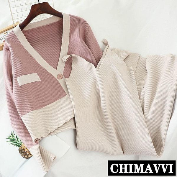 

women's tracksuits korean 2021 autumn and winter simple color matching short knitted cardigan sweater + sling dress two-piece set femal, Gray