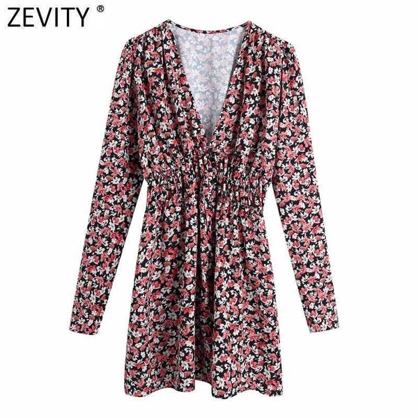 

zevity women deep v neck floral print elastic waist shirt dress femme chic puff sleeve breasted vestido clothes ds4935 210603, Black;gray