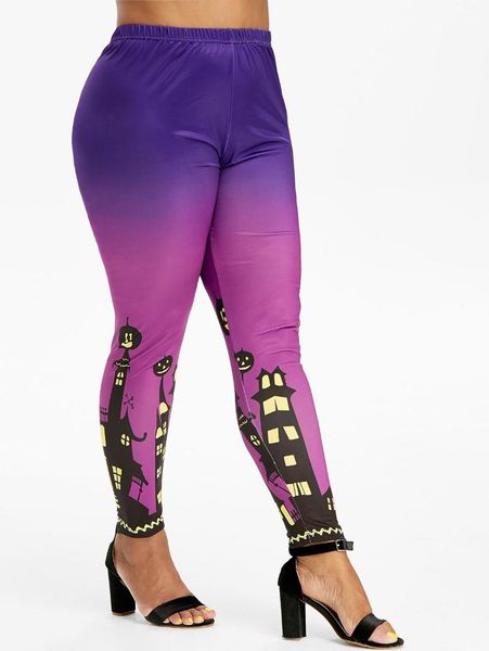 

women's leggings pumpkin castle halloween high waisted plus size, Black