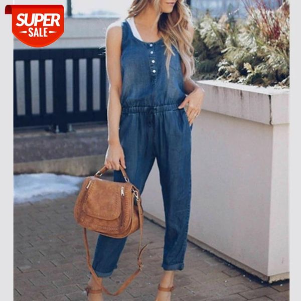 

women fashion cool street blue plain lady sleeveless loose jeans jumpsuit denim wash overall summer lady long pants rompers #gg50, White