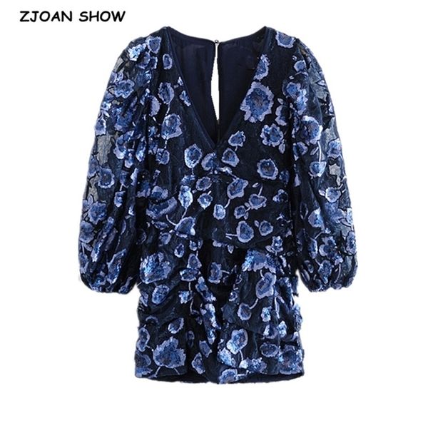 

retro women navy blue beading sequins mesh dress lantern long sleeve hollow out backless short party dresses 210429, Black;gray