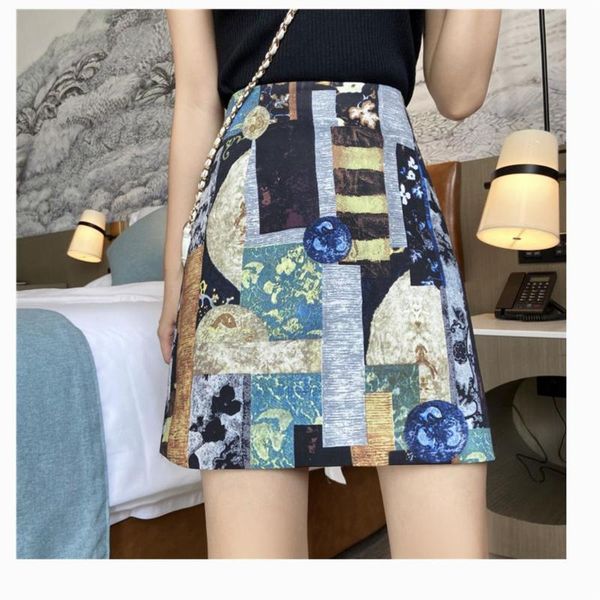 

skirts harajuku retro oil painting print skirt with safety pants female high waist slimming graffiti a-line bag hip kawaii, Black