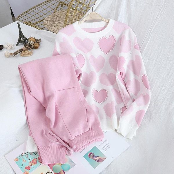 

women's two piece pants women knitting set sets sweet heart shaped beading long sleeve pullover sweater + high waist trousers suits, White