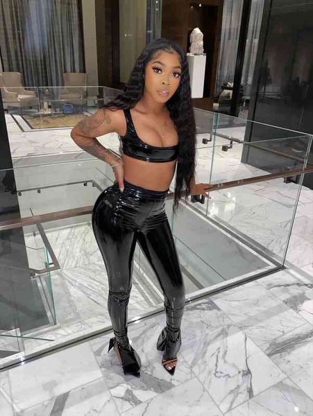 

casual faux leather tracksuit womens pants two pieces set tank crop long zippers 2 pu sports suit, White