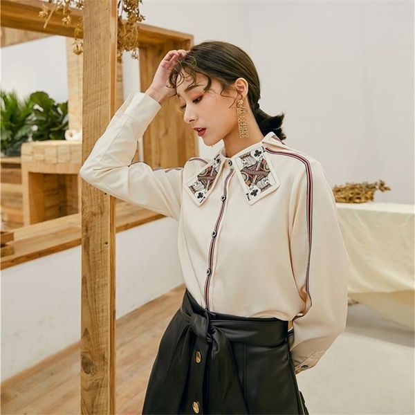 

women's blouses & shirts women poker print collar button up designer runway long sleeve femme clothing office lady blouse d563, White