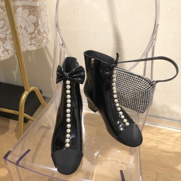 

bow cowhide ankle boots elegant women's kitten heel boots with pearls luxuriously designed dress shoes bow side zip, Black