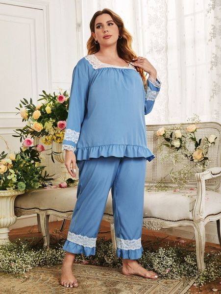 

plus contrast lace peplum & pants pj set h0qb#, Black;white
