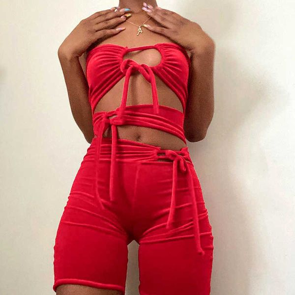 Irregular Hollow Out Front Ribbons Jumpsuits Sexy Lady Playsuits Mulheres Casuais Sólidas Mulheres Verão Vestuário Party Club Streetwear 210604