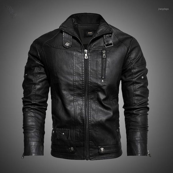

men's jackets 2021 autumn winter jacket slim fit stand collar zipper pu leather men solid fleece thick warm brand, Black;brown