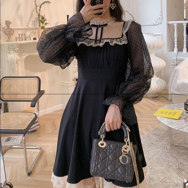 

casual dresses ulzzang women's dress autumn net yarn sweet prairie chic long-sleeved lolita short loose fashion party, Black;gray