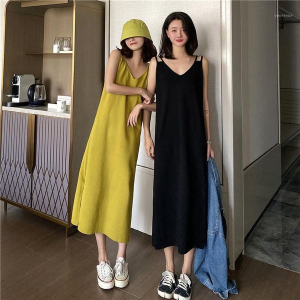 

casual dresses women loose strap long dress 4882#, Black;gray