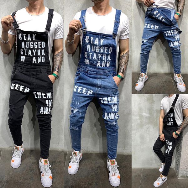 

mens jeans denim overalls slimming fit double-shoulder trousers letter printing hollow out vintage washed wide-tube close-fitting pants fash, Blue