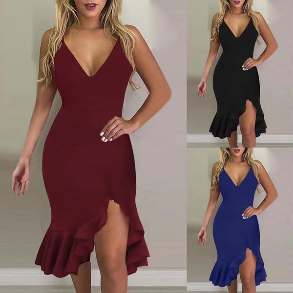 

summer solid v neck womens dresses sleeveless strap waist casual ruffle elegant bodycon irregular spliting robe, Black;gray